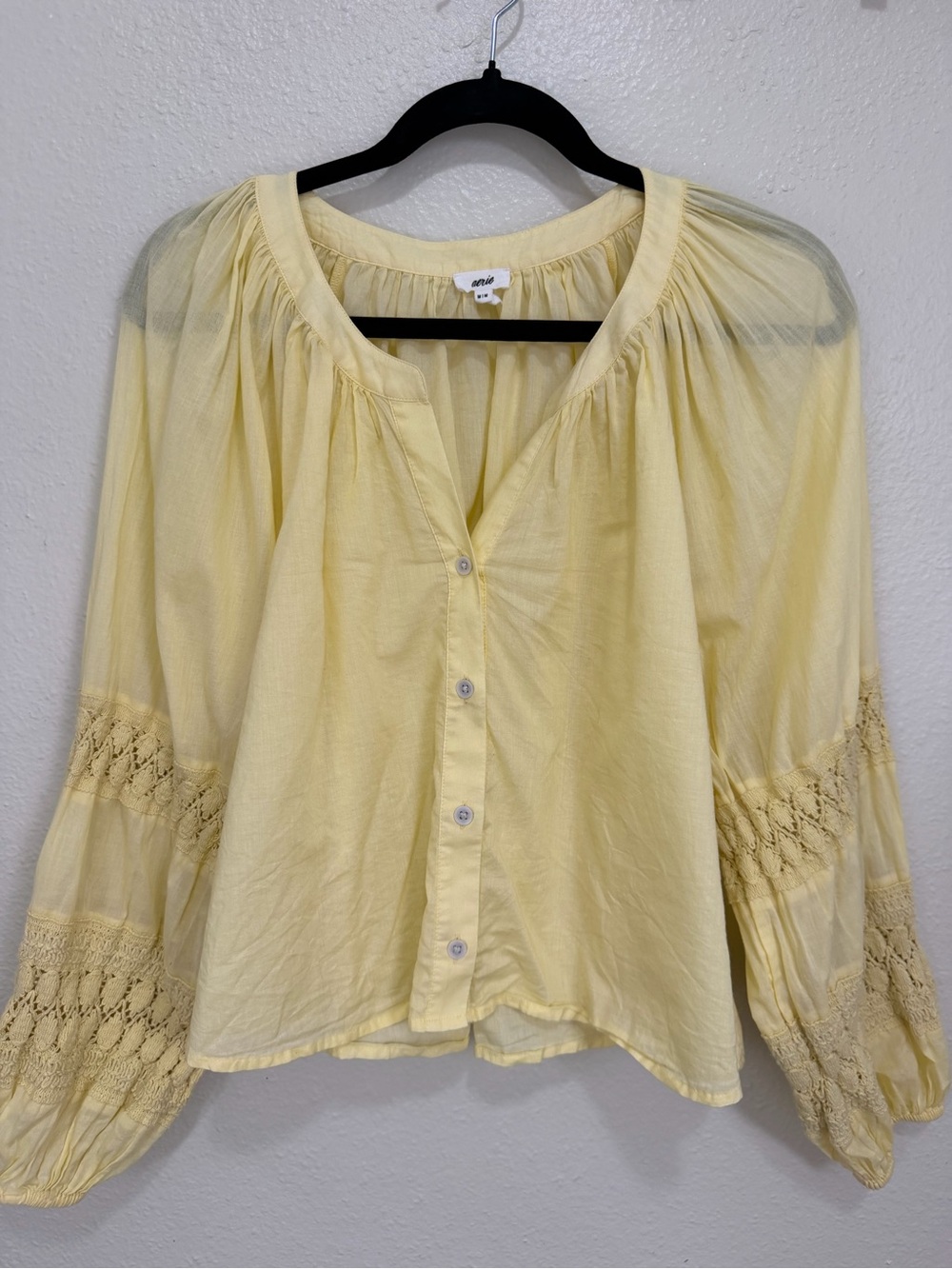Aerie Yellow Boho Peasant Blouse Lace Sleeve Insert Flowy Button Front Top M